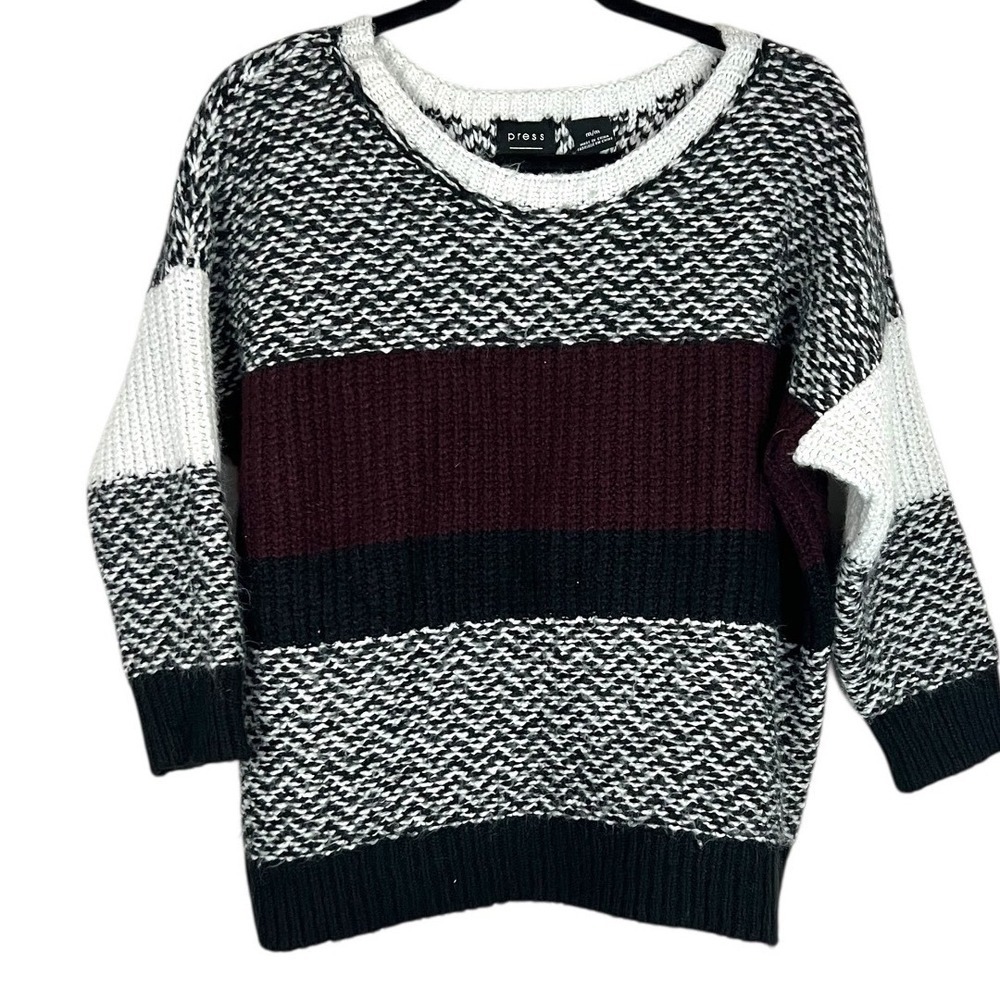 Press Women's Colorblock Striped Knit Sweater Burgundy/Black/White - Size Medium
